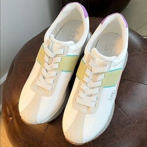 Franco Sarto White and Cream Sneakers with Pastel Accents 9.5sz